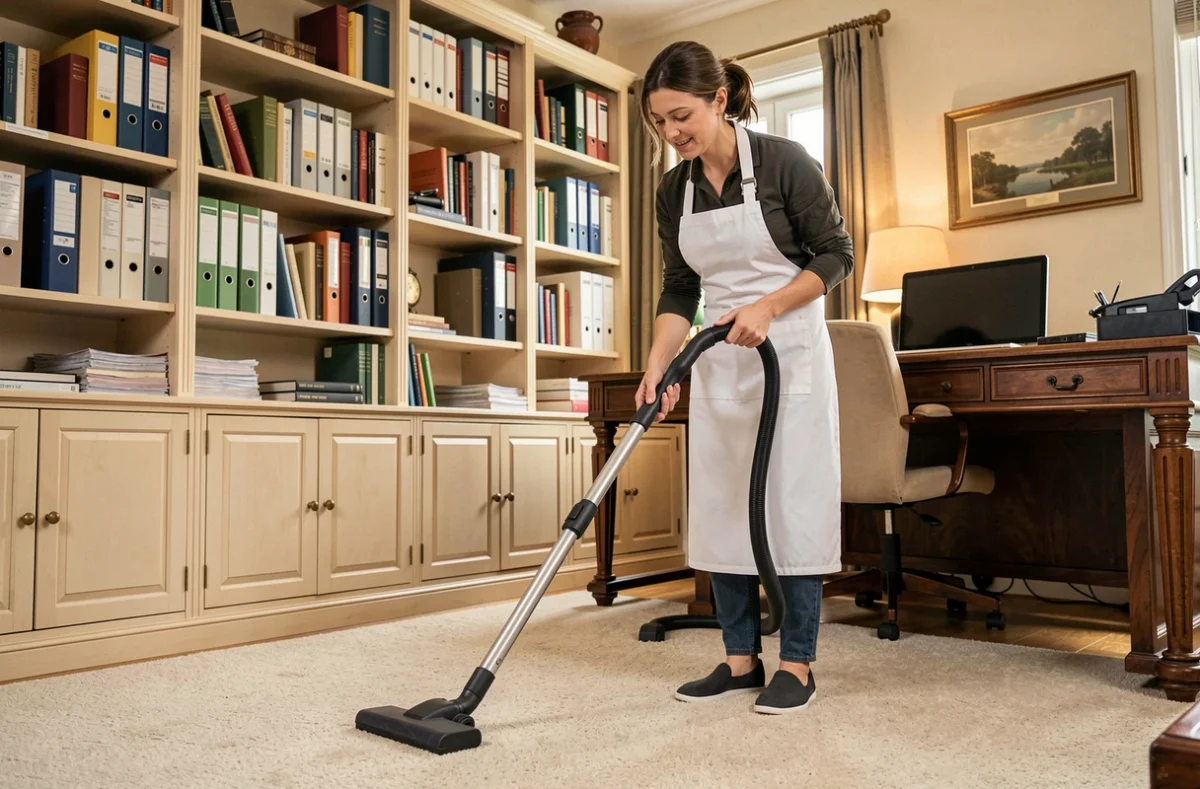 Aide ménagère passant l'aspirateur dans le bureau à domicile d'un agent de la fonction publique