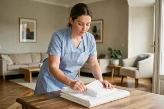 Aide ménagère en uniforme bleu pliant du linge propre dans un appartement moderne, service à domicile CESU fonction publique