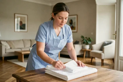 Aide ménagère en uniforme bleu pliant du linge propre dans un appartement moderne, service à domicile CESU fonction publique