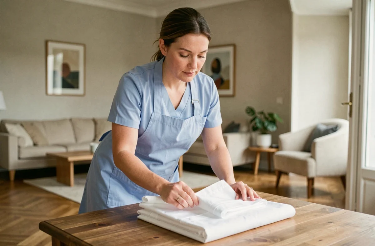 Aide ménagère en uniforme bleu pliant du linge propre dans un appartement moderne, service à domicile CESU fonction publique