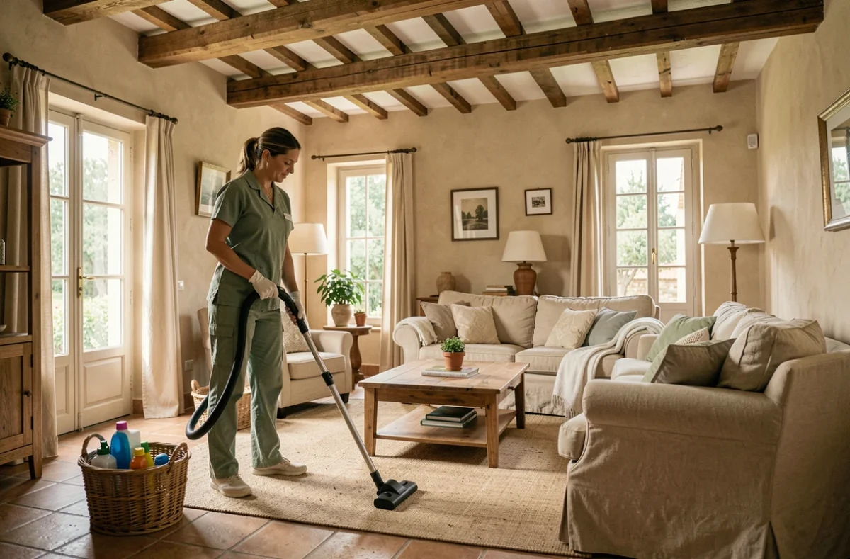 Aide ménagère passant l'aspirateur dans un salon de style provençal avec poutres apparentes