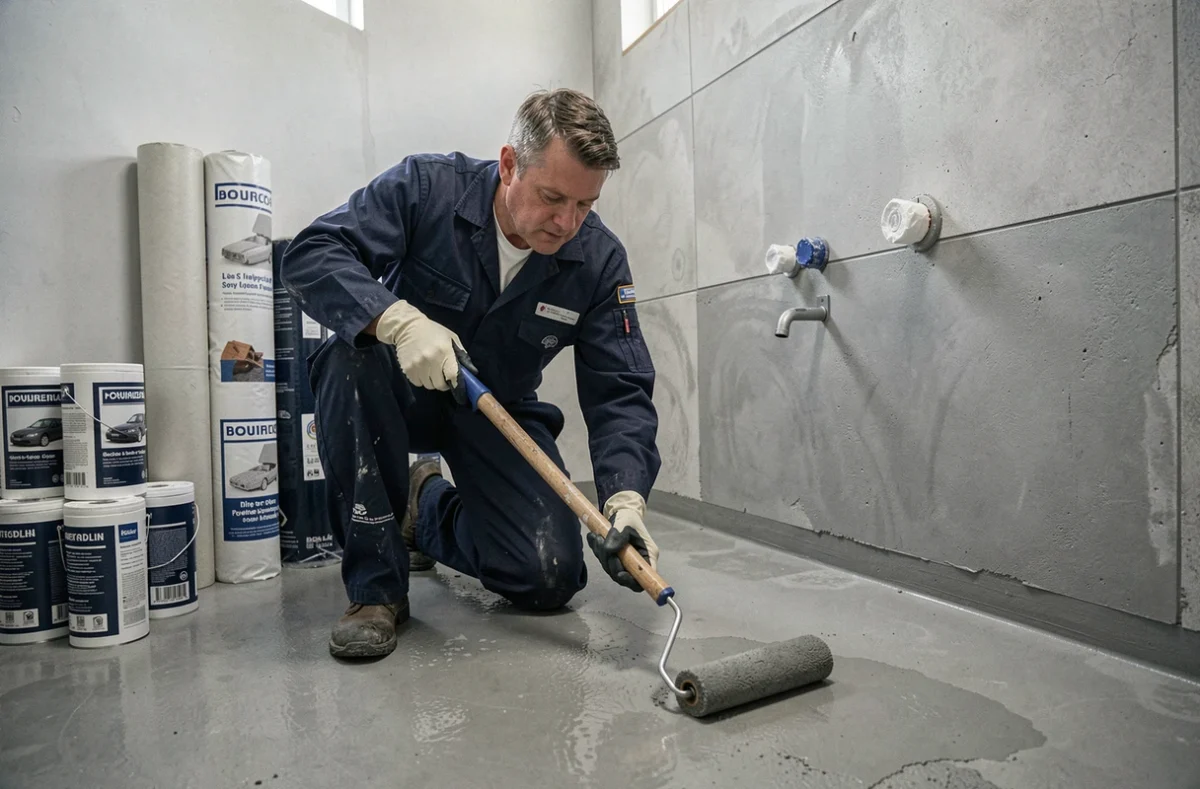 Professionnel d'Alamo Renovation appliquant une membrane d'étanchéité sur le sol d'une salle d'eau avant la pose du carrelage