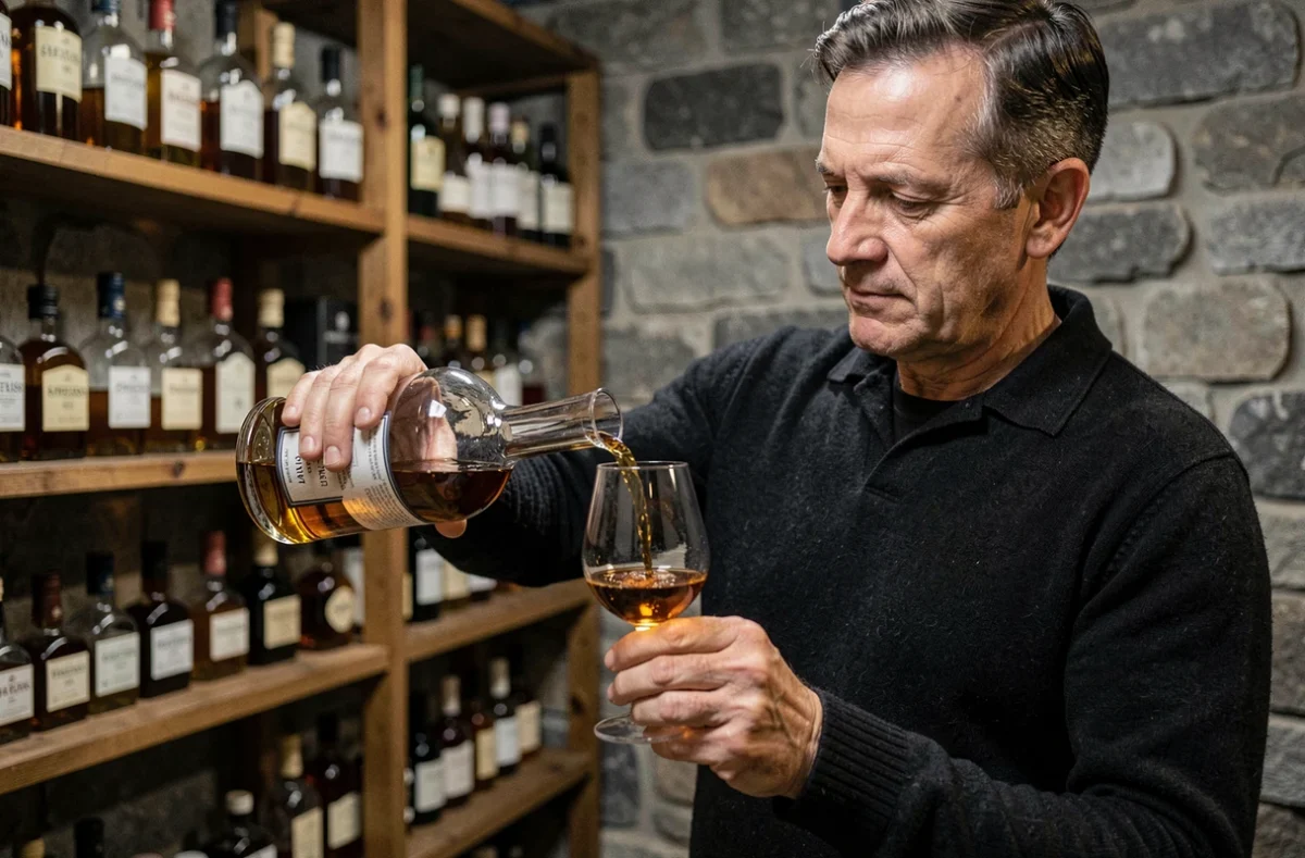 Amateur de whisky versant du whisky depuis une carafe en verre dans un verre de dégustation dans une cave à whisky en pierre