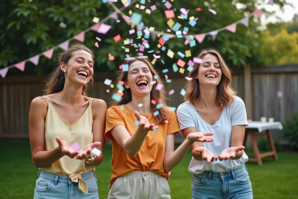 Groupe d'amis lançant des confettis colorés dans un jardin lors d'une fête d'anniversaire décorée avec des produits Zoé Confetti