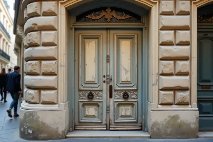 Ancienne porte en bois haussmannienne avec panneaux sculptés et poignée en fer forgé patiné sur façade en pierre