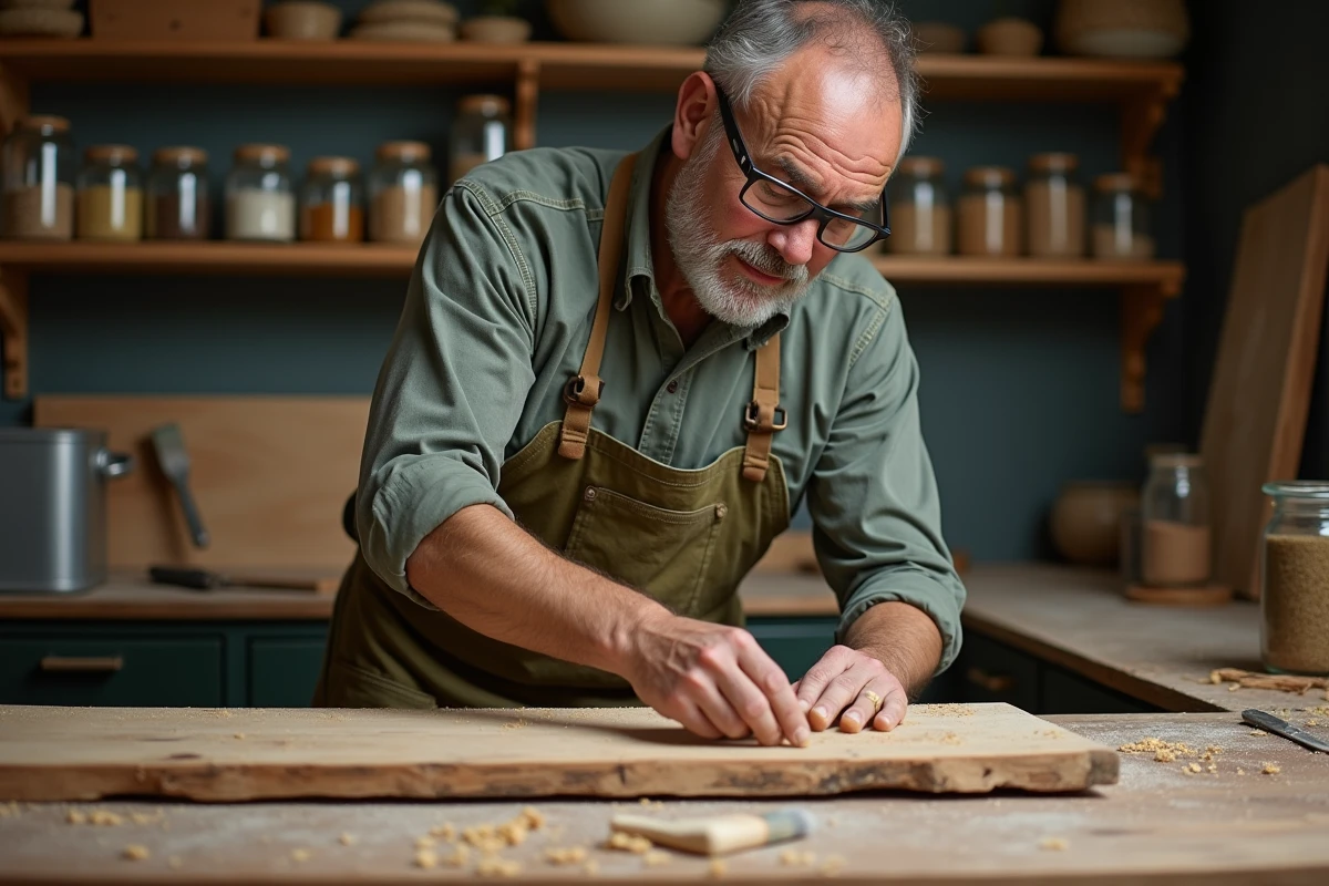 Homme appliquant un durcisseur bois fait maison sur une planche vieillie dans un atelier artisanal