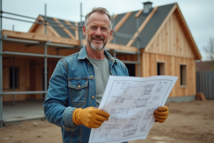 Architecte en extérieur avec plans devant une maison en construction