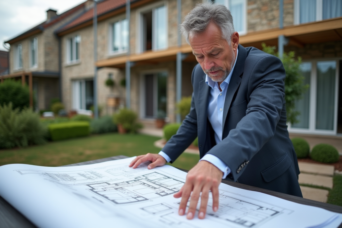 Architecte français examinant plans devant maison en rénovation