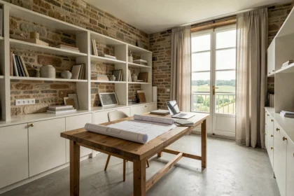 Studio d'architecture d'intérieur dans la Loire avec plans, échantillons de matériaux et vue sur la région