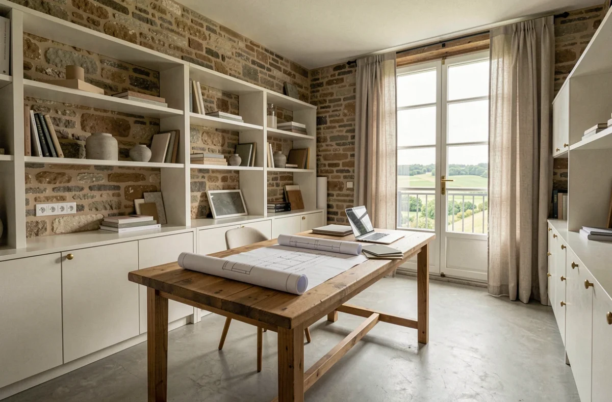 Studio d'architecture d'intérieur dans la Loire avec plans, échantillons de matériaux et vue sur la région