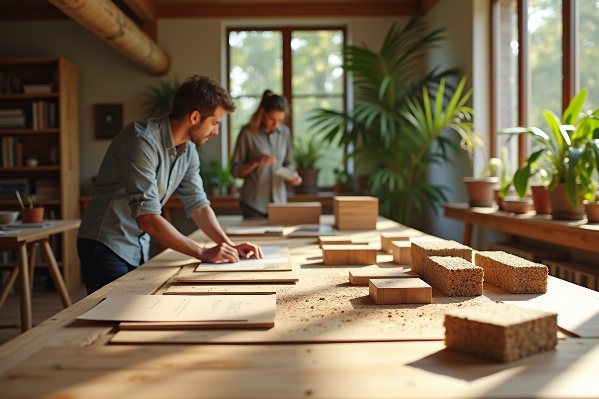 Architectes analysant des matériaux durables dans un studio lumineux