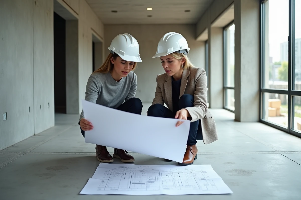 Deux architectes examinant un plan sur un chantier