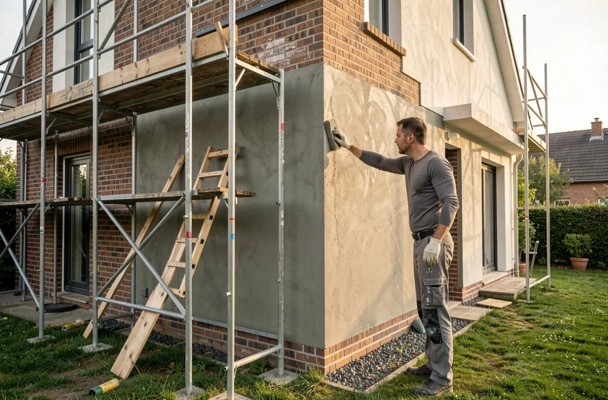 Maçon lissant un enduit de façade sur une maison moderne en Essonne pour Arcis