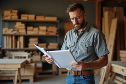 Artisan menuisier en atelier examinant un devis
