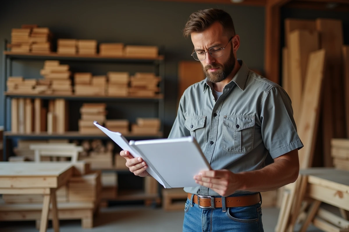 Artisan menuisier en atelier examinant un devis