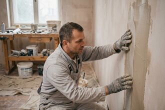 Artisan appliquant de la toile en fibre de verre sur un mur intérieur en cours de rénovation