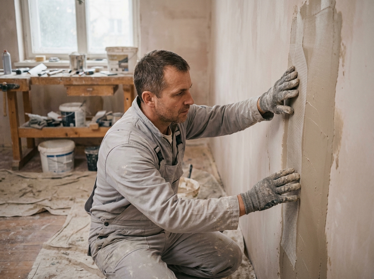 Artisan appliquant de la toile en fibre de verre sur un mur intérieur en cours de rénovation