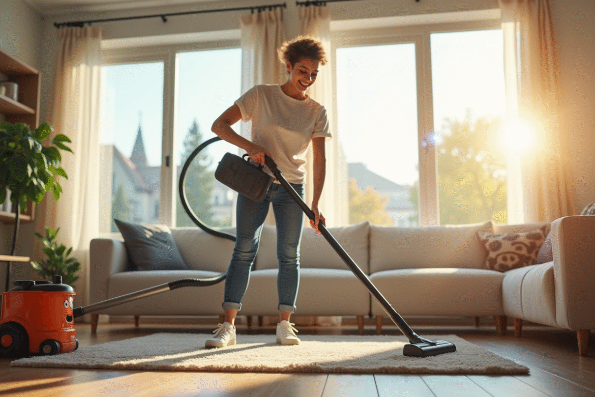 Aspirateur dans un salon lumineux et moderne