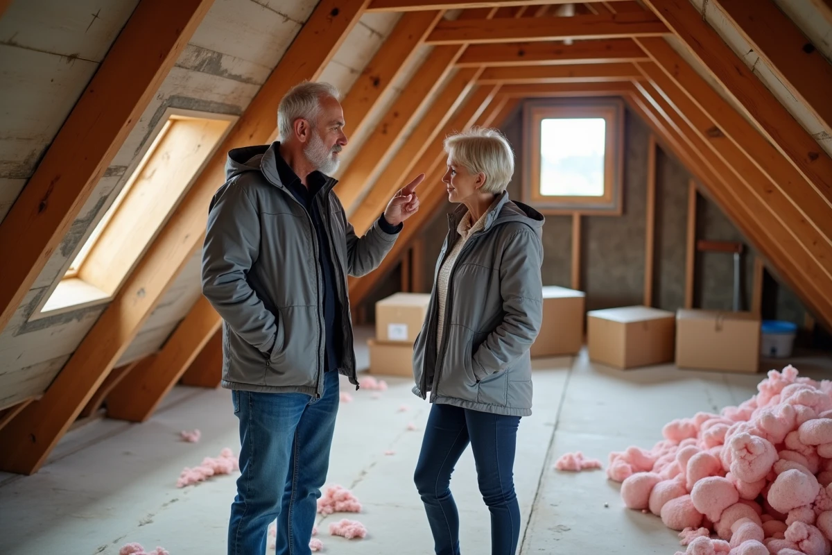 Consultant en rénovation énergétique et propriétaire examinant l'isolation des combles lors d'un audit thermique complet