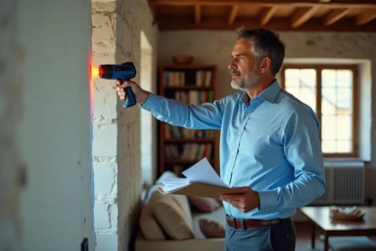 Auditeur énergétique examinant les murs d'une maison française avec une caméra thermique lors d'un diagnostic énergétique