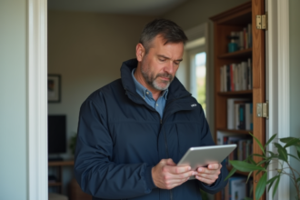 Auditeur énergie homme avec tablette dans salon moderne