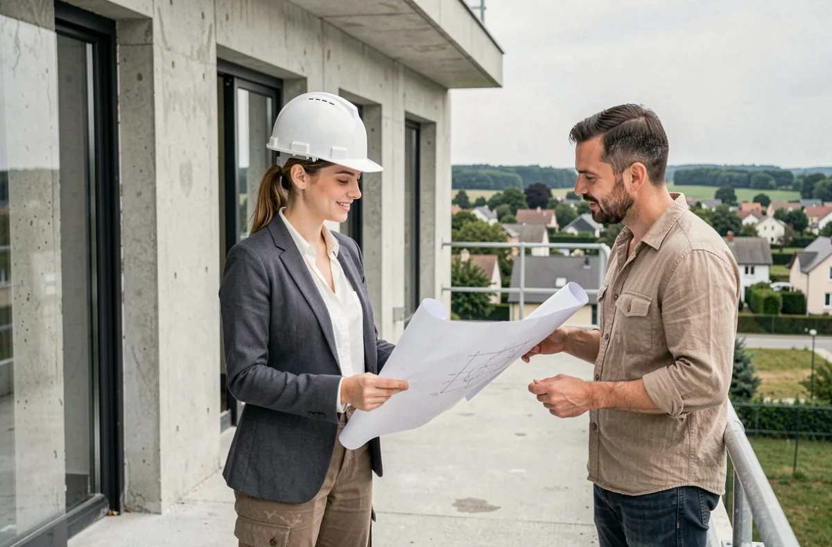 Chef de projet d'Ava Build révisant des plans avec un maçon sur un chantier en Essonne