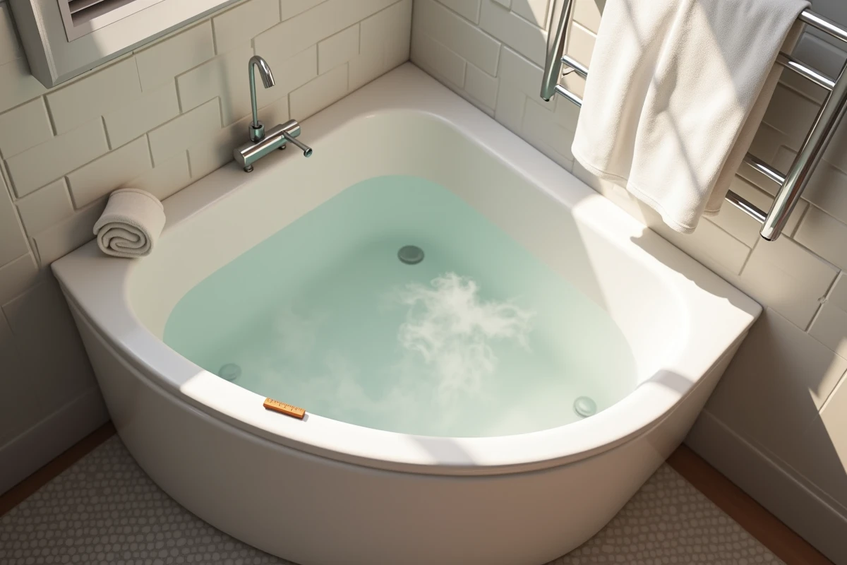 Baignoire d'angle compacte dans une petite salle de bain avec règle de mesure pour adapter le volume à un espace et une morphologie réduits