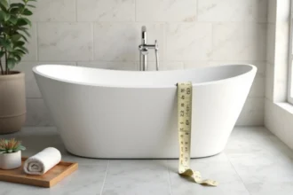 Baignoire autoportante ovale de grande contenance dans une salle de bain scandinave avec mètre ruban pour illustrer l'adaptation du volume à la morphologie