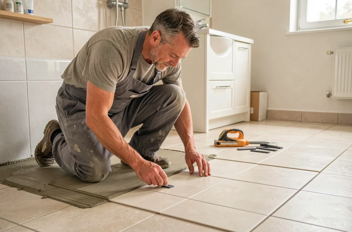 Carreleur de Baldosa Constructions posant des carreaux dans une salle de bain en Essonne