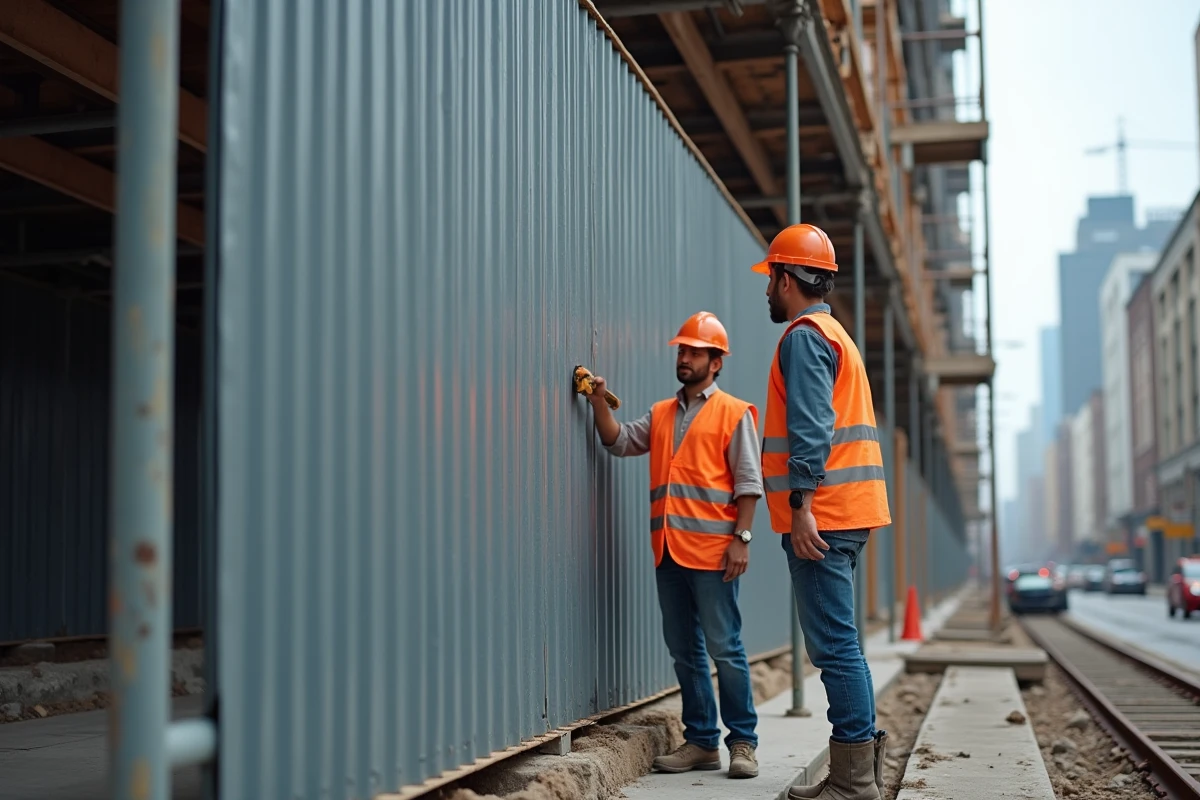 Pose de panneaux de bardage en tôle d'acier ondulée sur la façade d'un bâtiment commercial en construction en milieu urbain