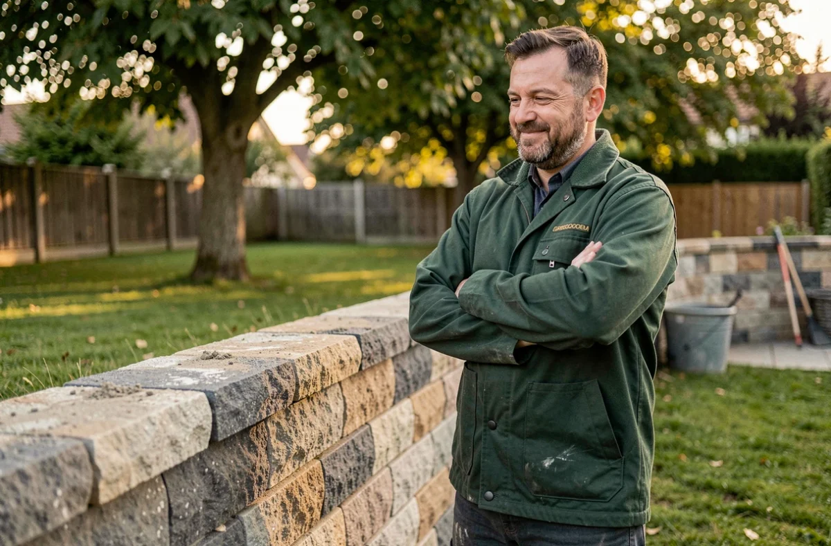 Maçon Boileau Gregory inspectant un mur de soutènement en pierre dans un jardin en Essonne