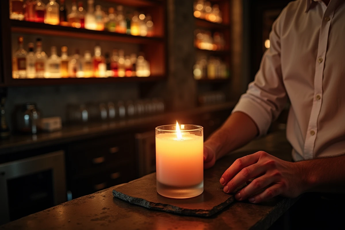 Barman posant une bougie LED fausse flamme sur le comptoir d'un bar pour créer une ambiance tamisée et sécurisée