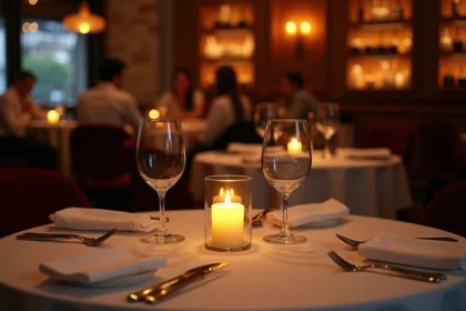 Bougies fausse flamme LED sur les tables d'un restaurant gastronomique créant une ambiance chaleureuse et raffinée