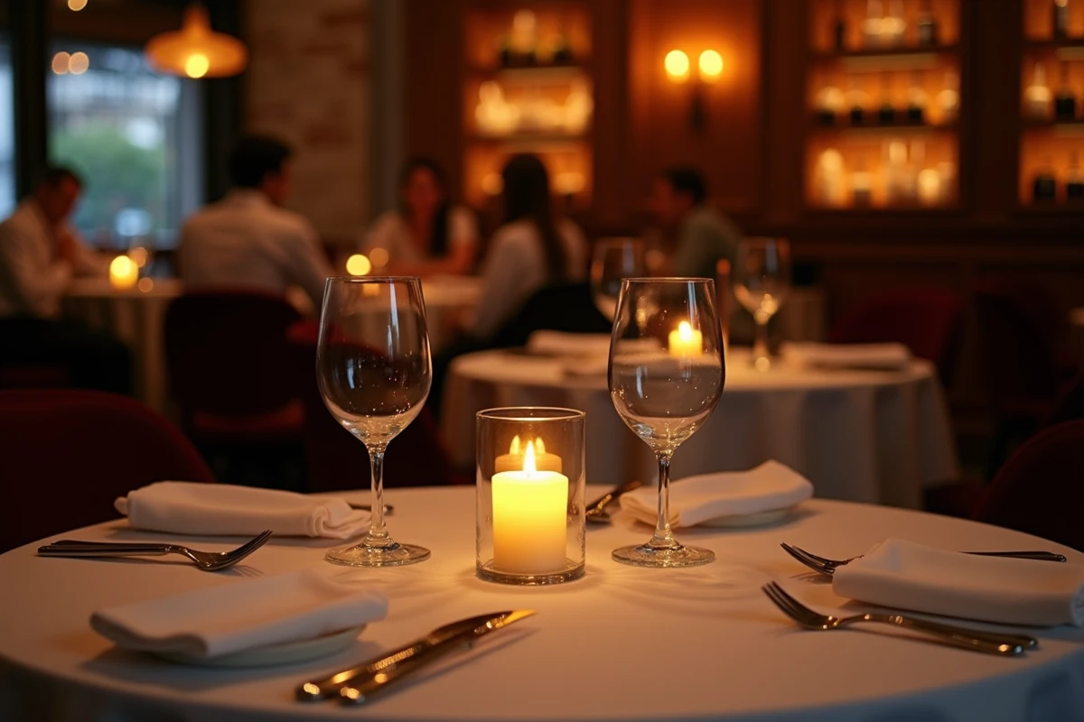 Bougies fausse flamme LED sur les tables d'un restaurant gastronomique créant une ambiance chaleureuse et raffinée