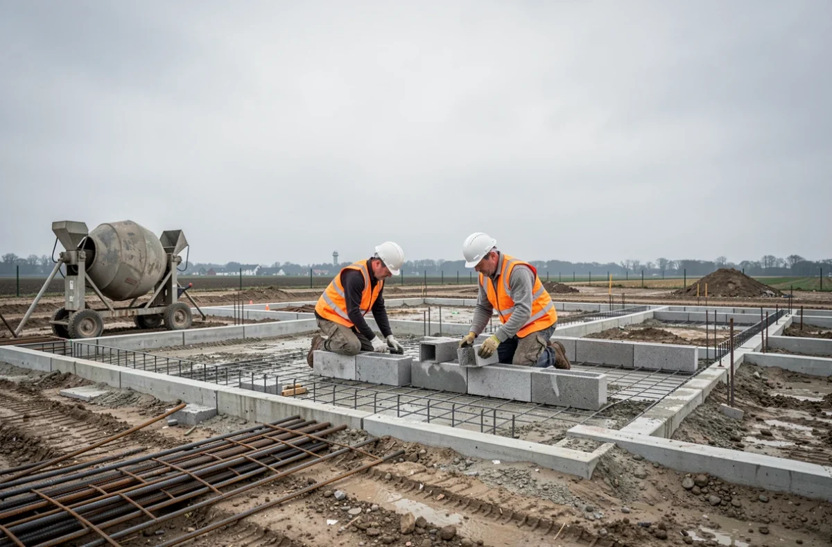 Équipe de BPM Constructions posant des fondations en béton sur un chantier en Essonne
