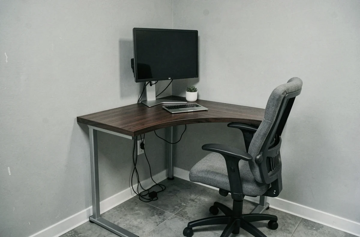 Bureau d'angle en noyer foncé aménagé dans un coin de bureau à domicile pour optimiser l'espace