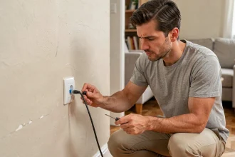 Homme câblant une prise téléphone RJ11 dans un appartement en location
