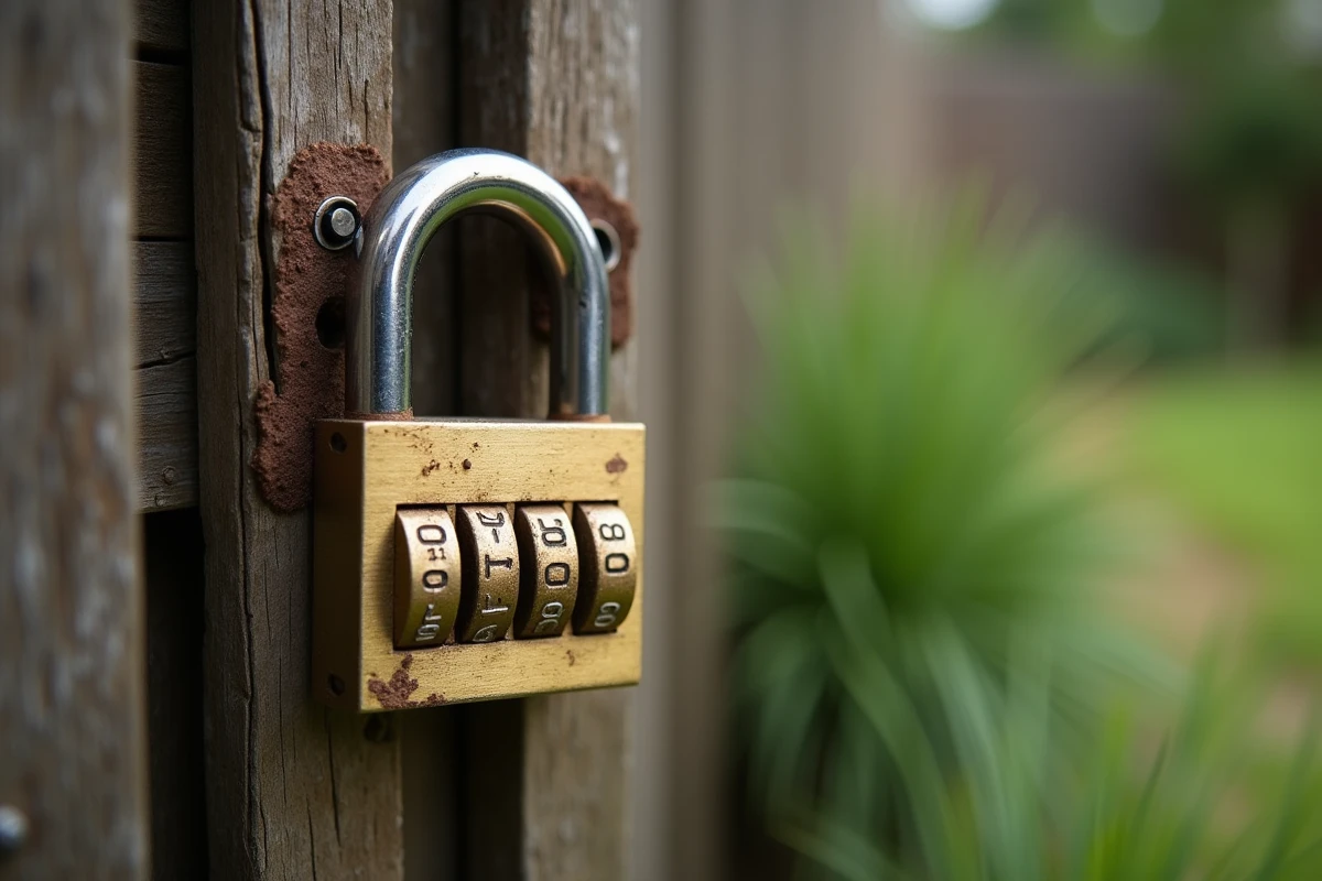 Gros plan d'un cadenas à 3 chiffres rouillé et bloqué fixé sur un poteau de clôture en bois dans un jardin