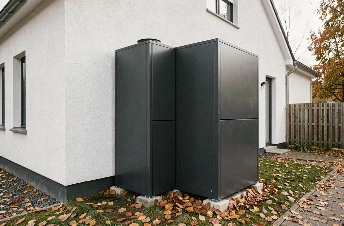 Caisson acoustique anthracite installé sur le côté d'une maison contemporaine en automne avec pompe à chaleur intégrée