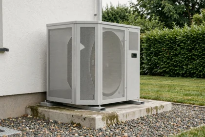 Caisson acoustique gris installé autour d'une pompe à chaleur extérieure sur dalle béton dans un jardin résidentiel