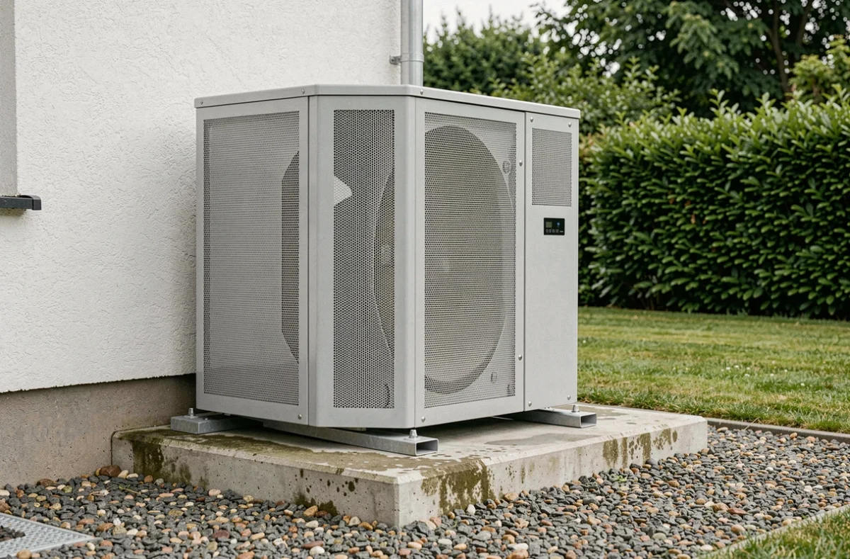 Caisson acoustique gris installé autour d'une pompe à chaleur extérieure sur dalle béton dans un jardin résidentiel