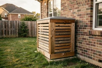 Caisson anti-bruit en bois installé autour d'une pompe à chaleur extérieure contre un mur de maison en brique