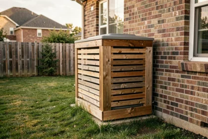 Caisson anti-bruit en bois installé autour d'une pompe à chaleur extérieure contre un mur de maison en brique