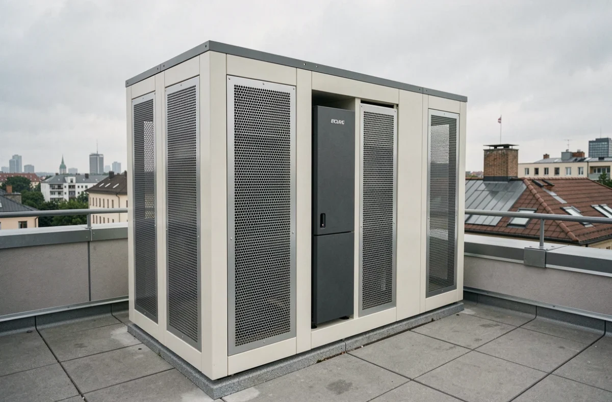 Pompe à chaleur sur toiture urbaine protégée par un caisson anti-bruit en panneaux composites perforés