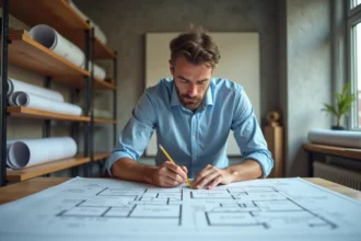 Architecte calculant la superficie en m2 d'une pièce sur un plan architectural avec un mètre ruban