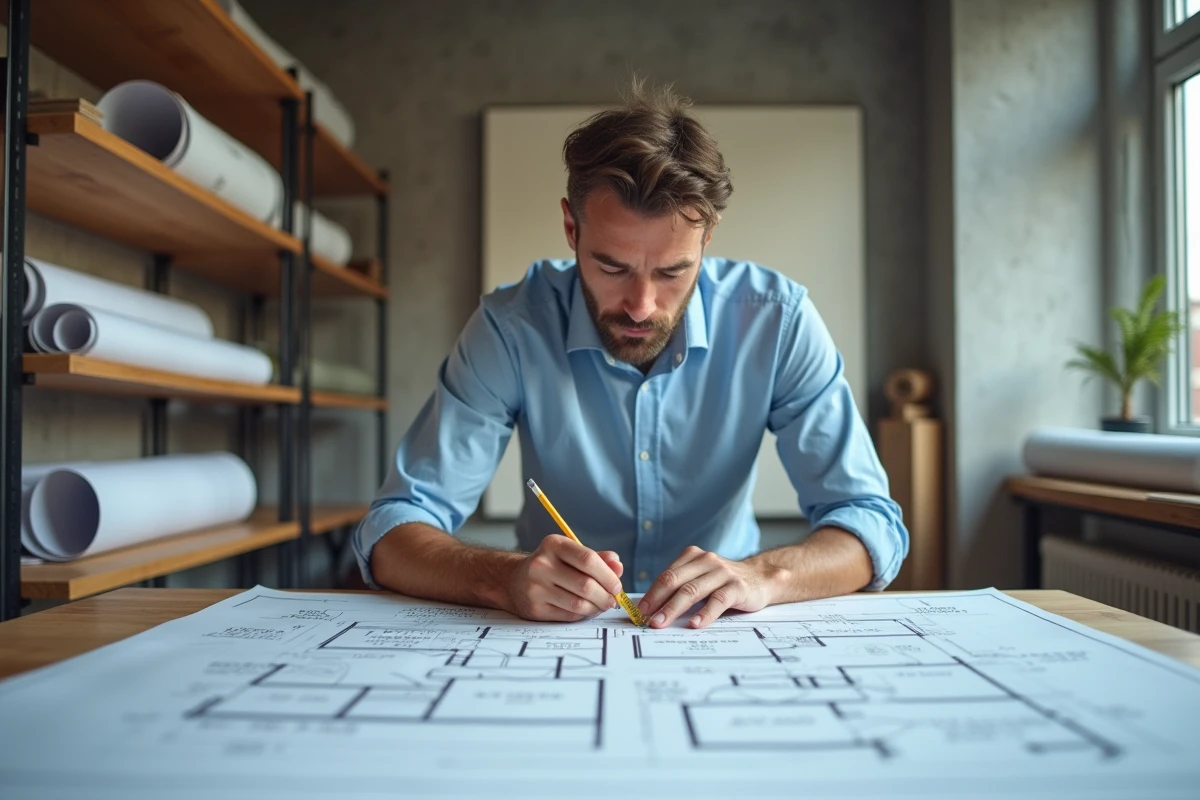 Architecte calculant la superficie en m2 d'une pièce sur un plan architectural avec un mètre ruban