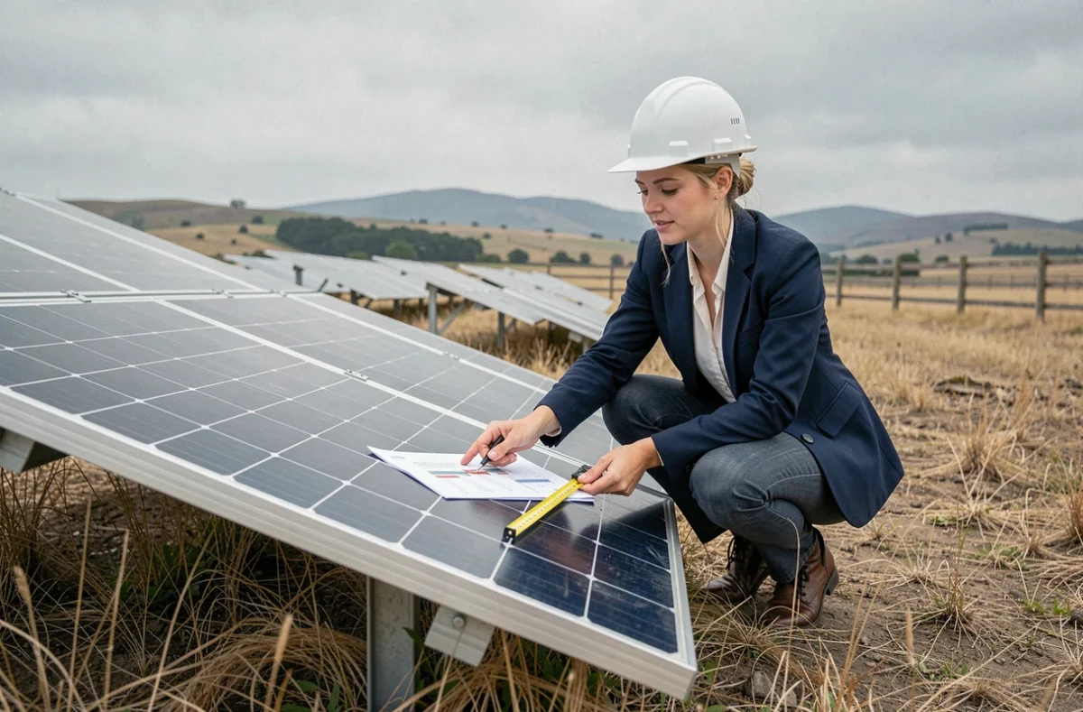 Consultante en énergie mesurant la surface d'une installation de panneaux solaires au sol en milieu rural pour estimer la production électrique