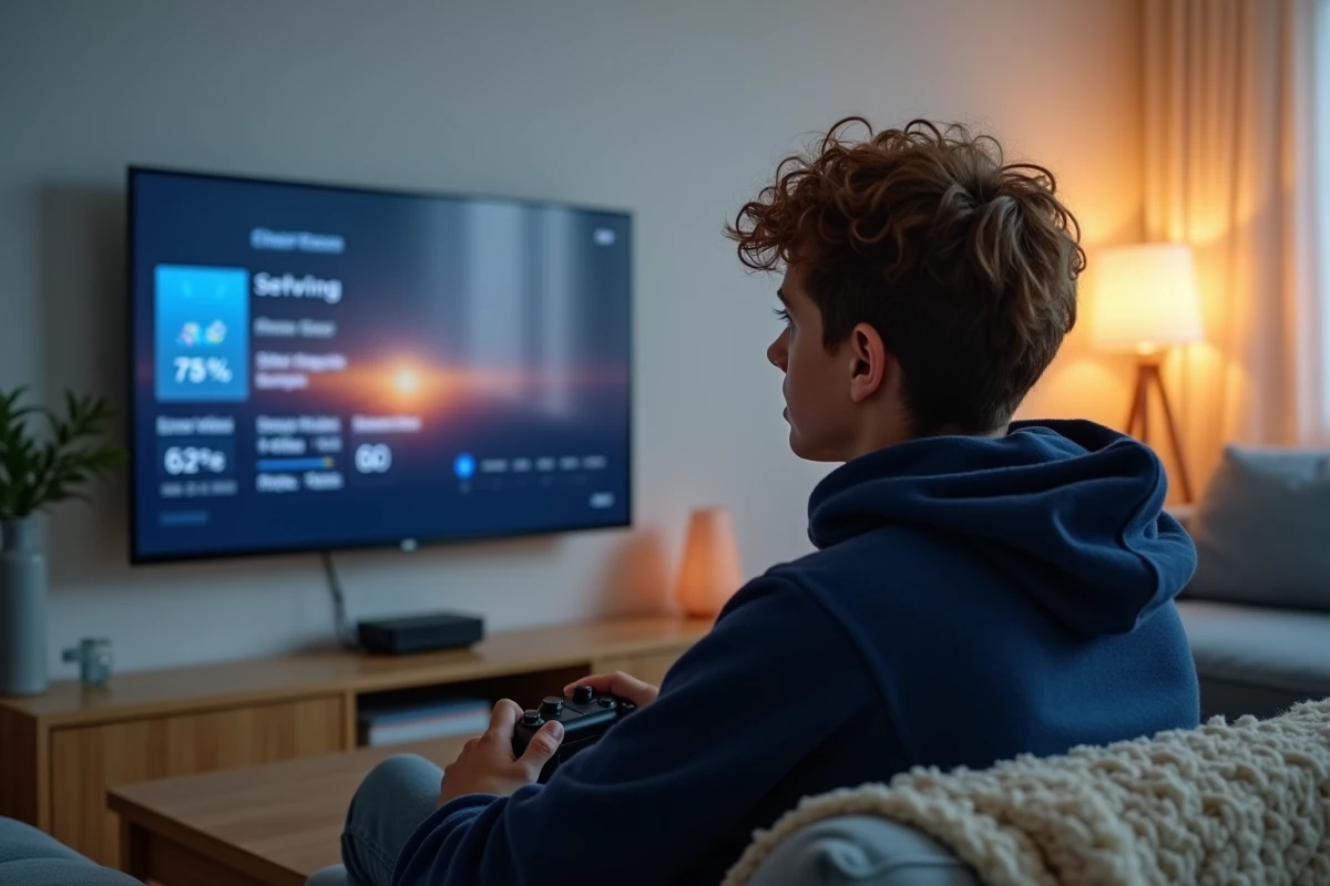 Jeune adulte calibrant la couleur d'un téléviseur gaming depuis le canapé pour limiter la fatigue oculaire en soirée