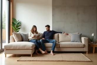 Canapé d'angle en tissu beige dans un salon moderne à Aubagne, couple assis confortablement