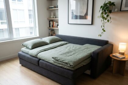 Canapé convertible déplié en lit d'appoint dans un salon moderne et compact, prêt à accueillir des invités
